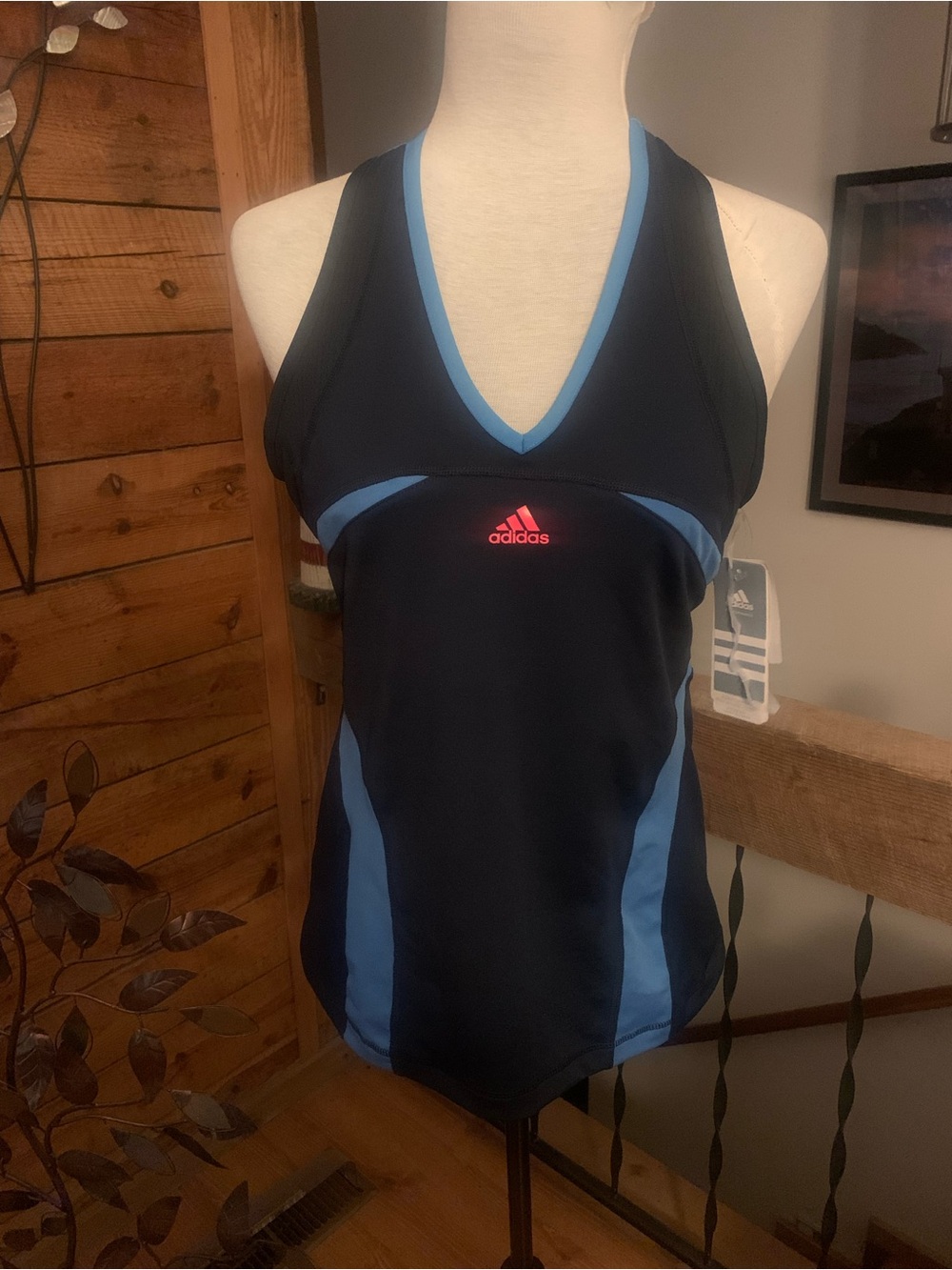 adidas Black and Light Blue V-Neck Athletic Tank with Pink Logo